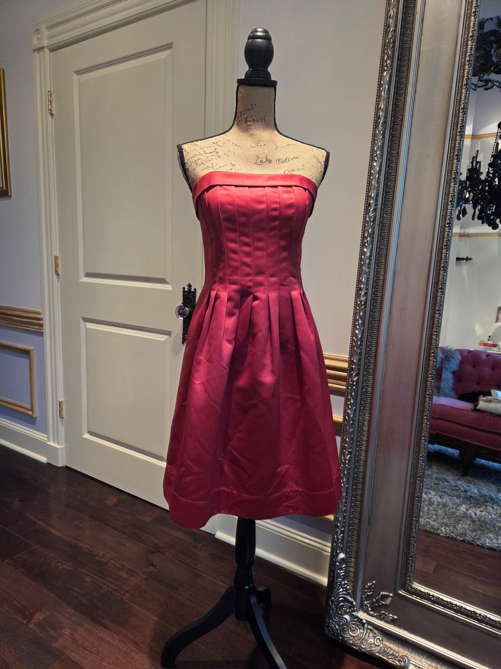 BCBG Strapless Red Satin Pleated Cocktail Dress 10